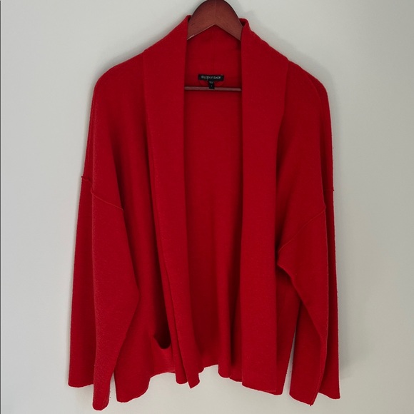 Eileen Fisher Sweaters - Eileen Fisher | Vibrant Red Open-Front Fine Merino Wool Shawl Cardigan Size L